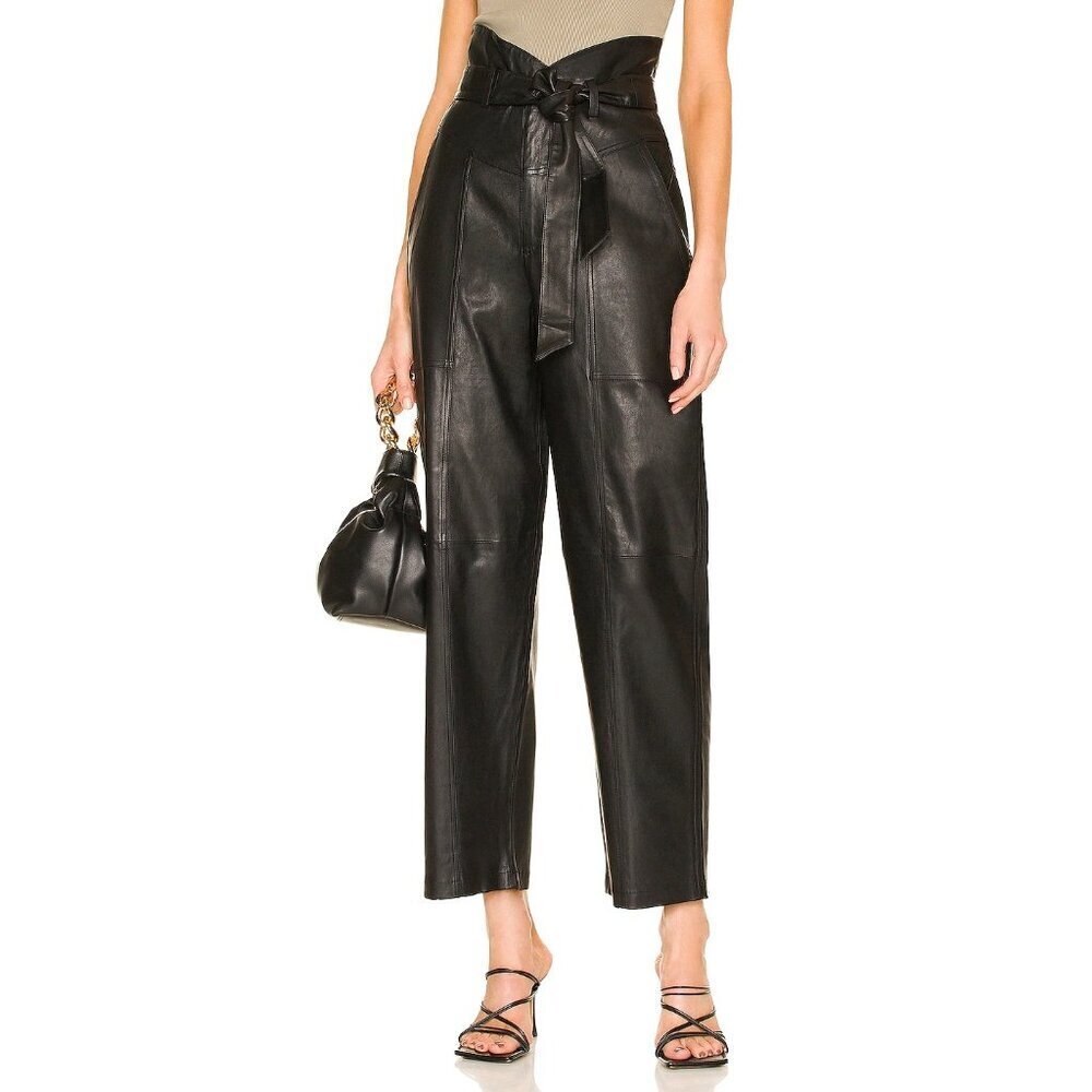 L'Academie Black High-Waist Paperbag Leather Trousers
